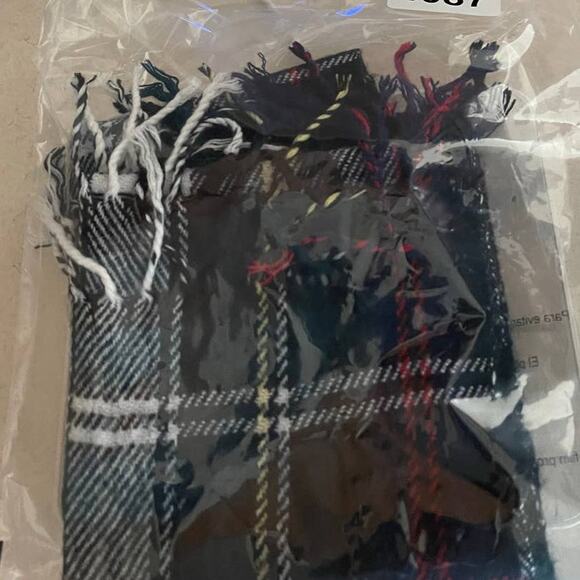 Plaid Rectangle Scarf with Fringe Blue Red White Yellow Approximately 12" x 54" - Picture 6 of 7